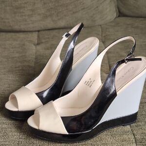 Calvin Klein Black and Cream Peep-Toe Wedges